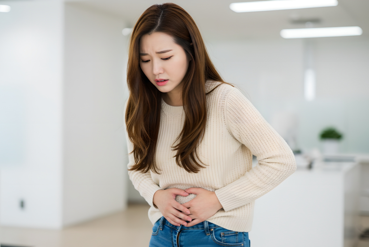 하복부 통증 여성 이미지, 과민성 방광으로 인한 빈뇨 절박뇨 배뇨 불편과 삶의 질 저하 증상 안내