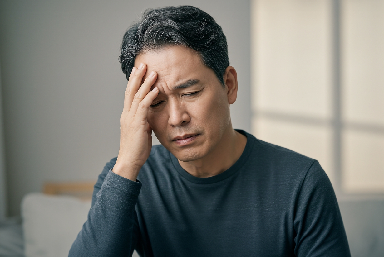 남성호르몬 저하 이미지, 피로 무기력 자신감 저하와 남성갱년기 증상을 겪는 중년 남성이 남성호르몬 균형 검사를 고민하는 장면