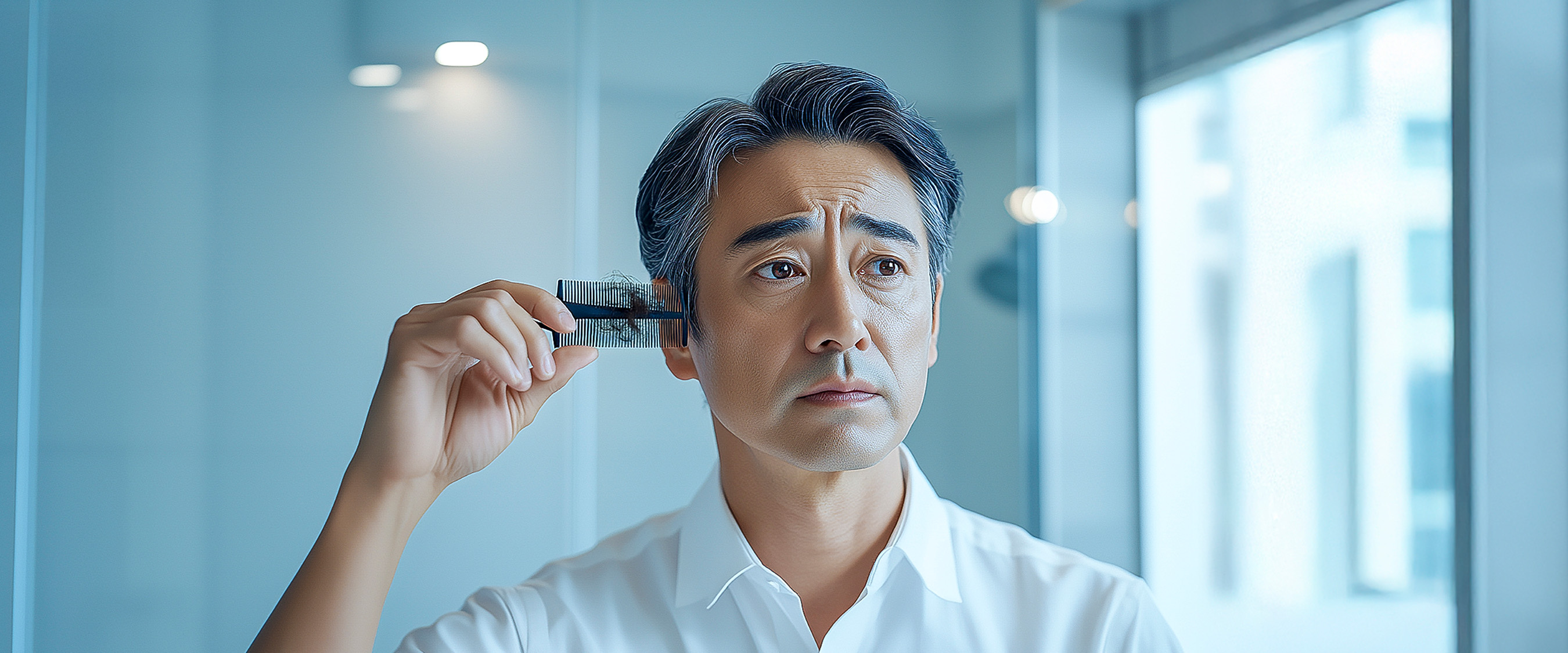 남성 갱년기 증상 이미지, 탈모와 활력 저하를 걱정하는 중년 남성의 남성호르몬 감소 고민 장면