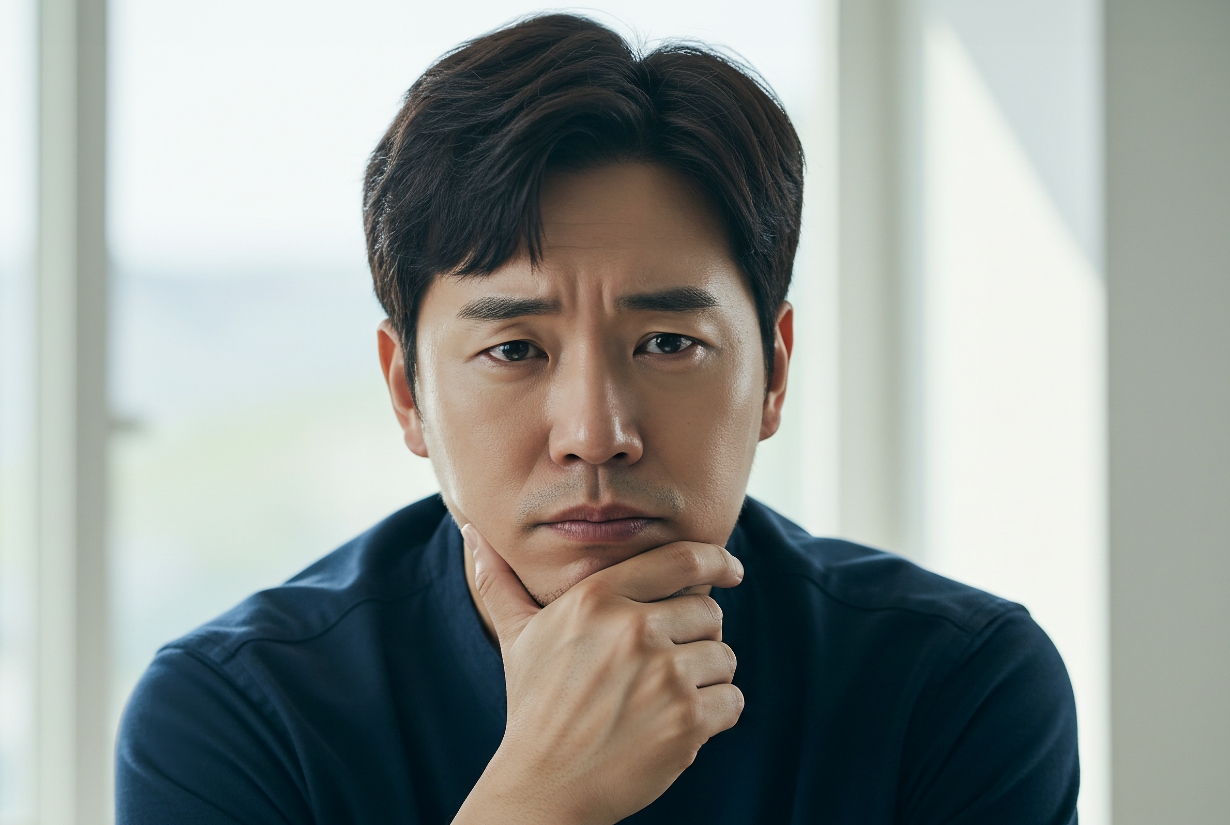 발기부전 고민 남성 이미지, 성기능 저하와 발기 유지 문제로 상담을 고민하는 남성 환자 모습