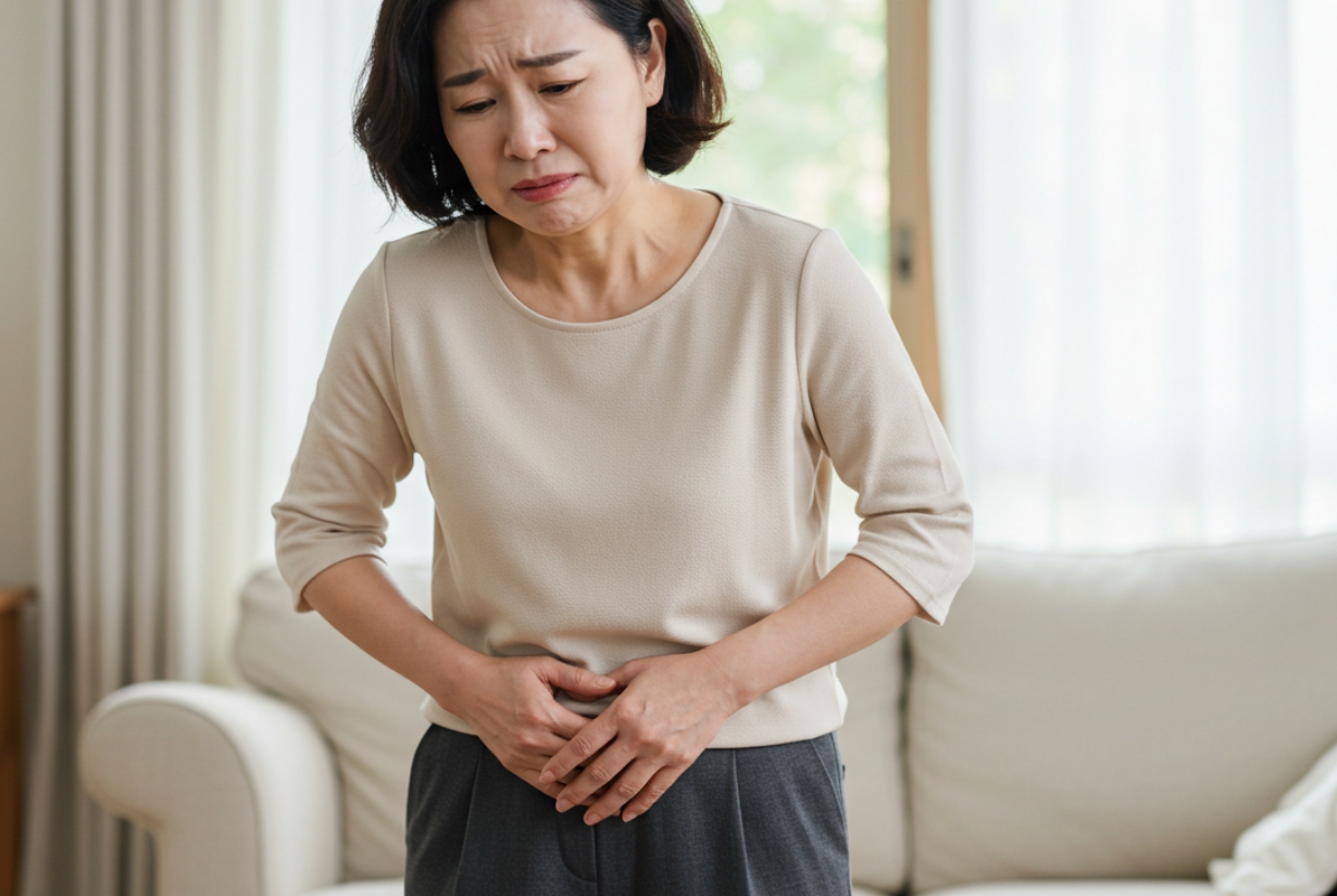중년 여성 하복부 불편 이미지, 여성 요실금 초기 증상과 중년 여성 요실금 정확한 진단 치료 중요성 안내