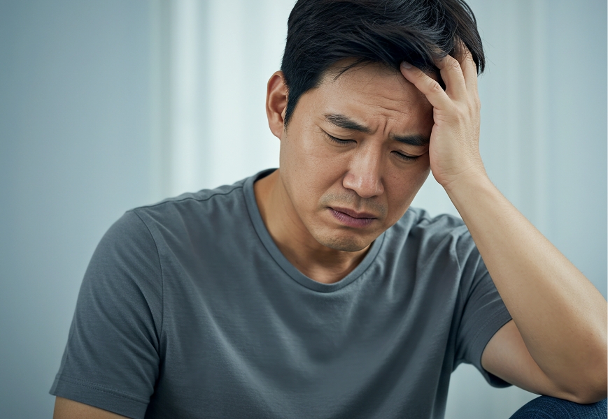 남성난임 정신적 요인 이미지, 스트레스 우울 불안 생활습관 등 심리적 요인이 남성 생식 건강에 영향을 주는 장면